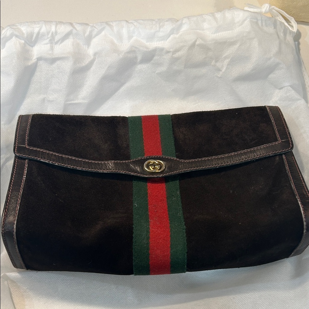 Gucci Brown Suede Messenger Clutch with Green and Red Web Stripe